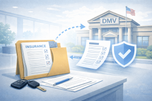 Illustration showing the process of filing SR-22 insurance with the DMV